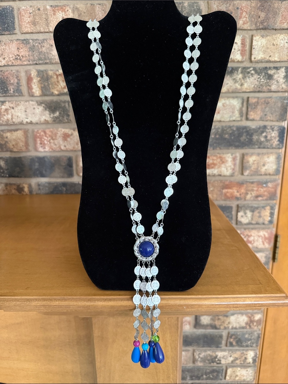 Liz Claiborne Inc 80s  silver tone beaded Fringe pendant Necklace / Belt
